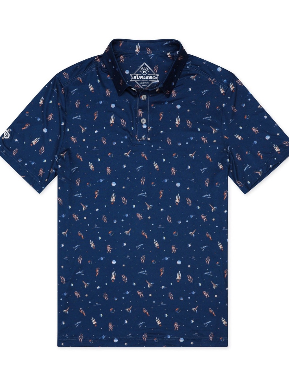 Burlébo To the Moon Navy Space-Print  Performance Polo Shirt XS
